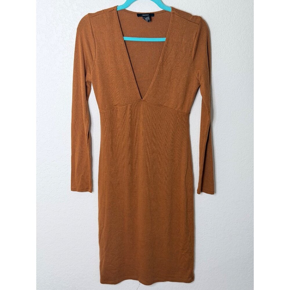 Forever 21 Bodycon Midi Dress Womens L Brown Long Sleeve‎ V-Neck Earthy Fall